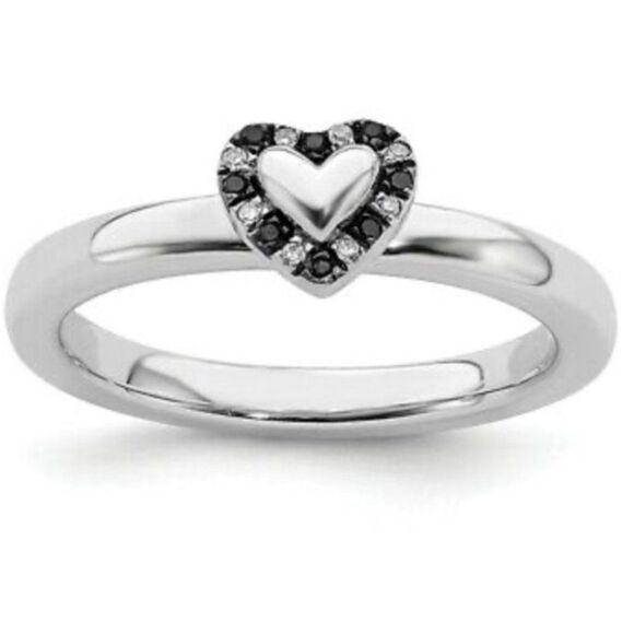 Sterling Silver Rhodium Plated Black & White Diamond Stackable Heart Ring Sz 10 - Picture 1 of 6